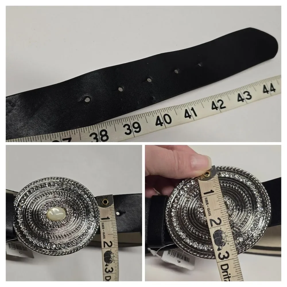Chico's Black Embellished Boho Belt Rhinestones Buckle Size S/M Adjustable NWT